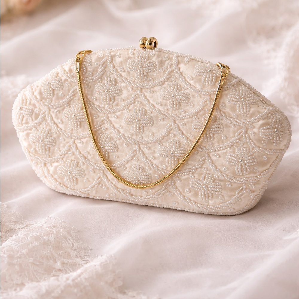 Vintage Beaded Clutch Ivory Satin Kiss Lock Evening Bag Goldco Hong Kong